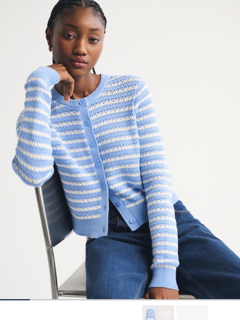 Abercrombie & Fitch Light Blue and White Striped Button-Up Knit Cardigan Sweater